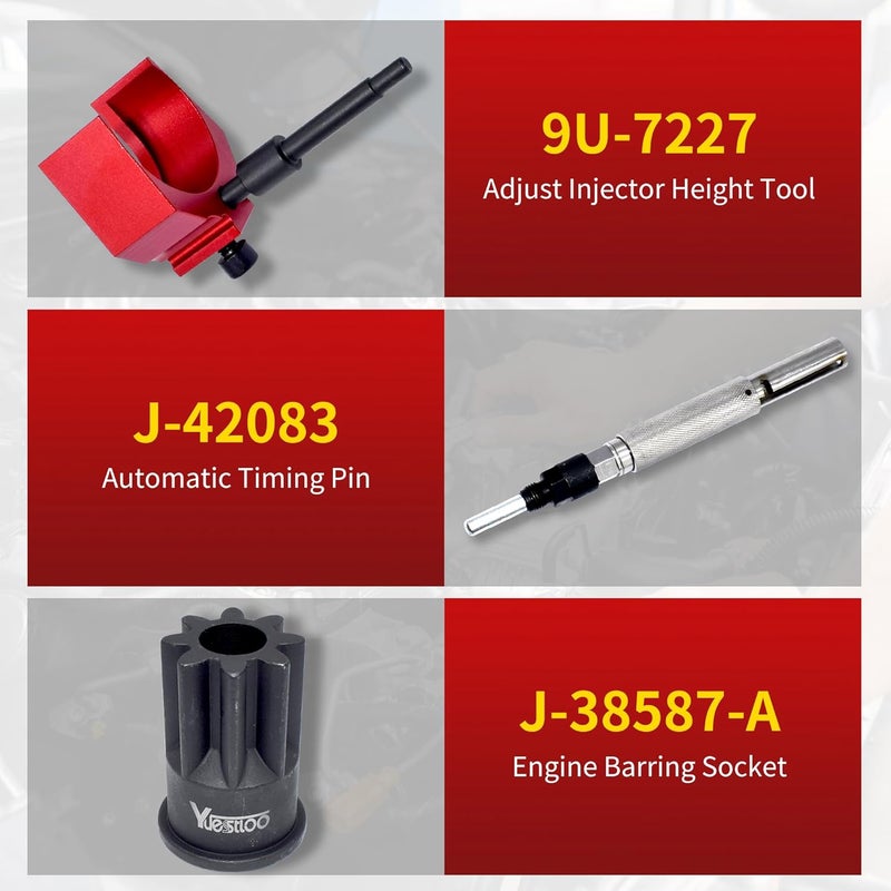 Yuesstloo 3PCS J-42083 Automatic Timing Pin + 9U-7227 Injector Height Adjustment Gauge Tool + J-38587-A Engine Barring Socket, Compatible with Caterpillar 3406E C-15 C-16 - Image 3